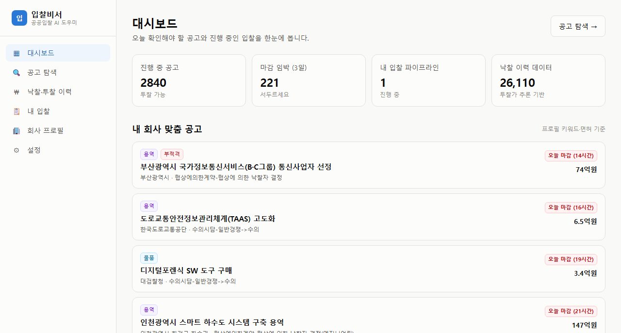 BidMate 대시보드 — 진행 중인 공고와 낙찰 이력을 한눈에 보여주는 화면